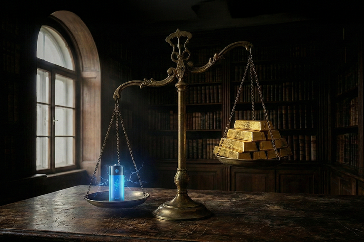 Ornate gold scale with a lithium battery on one side and gold bars on the other