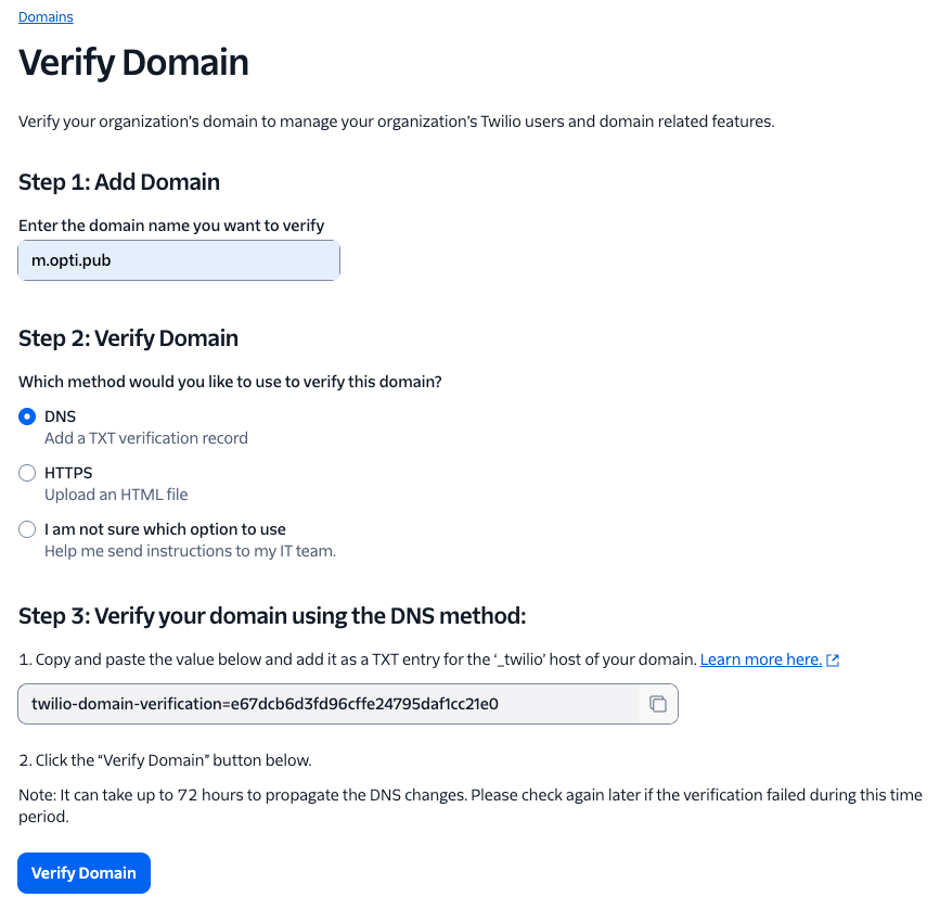 Twilio Domain Verification