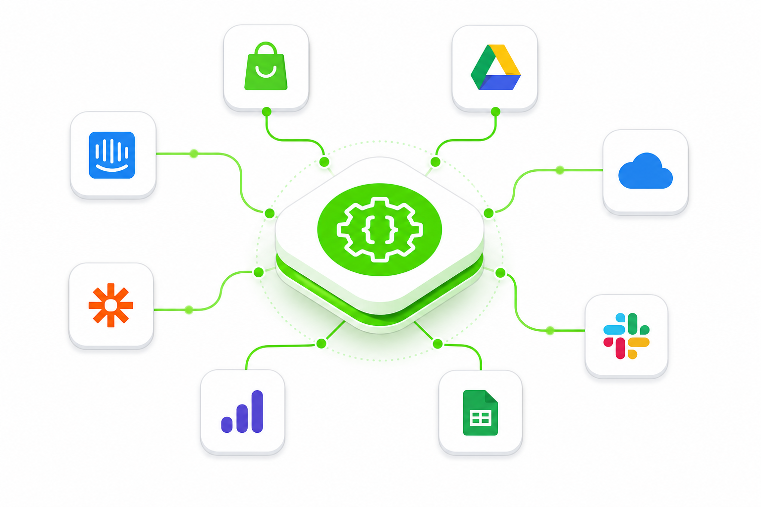 OptiPub API and integrations hub — a central platform connected to multiple app integrations