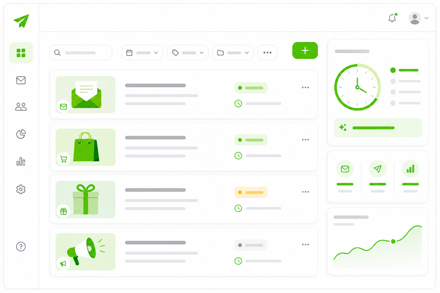Email campaign management dashboard — scheduled campaigns with status, filtering, and send-time optimization
