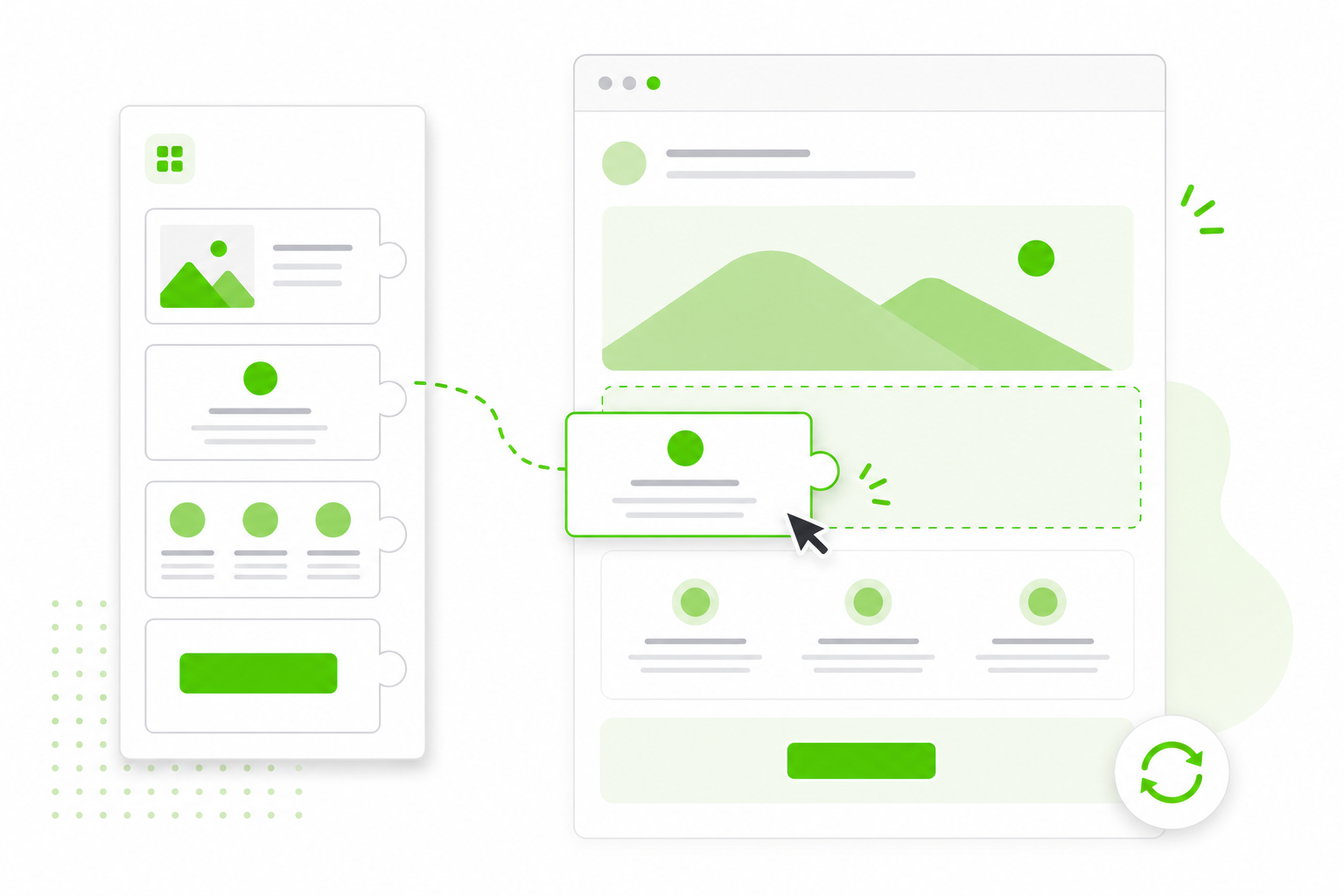 Reusable custom content blocks being dropped into an email layout from a saved-blocks panel