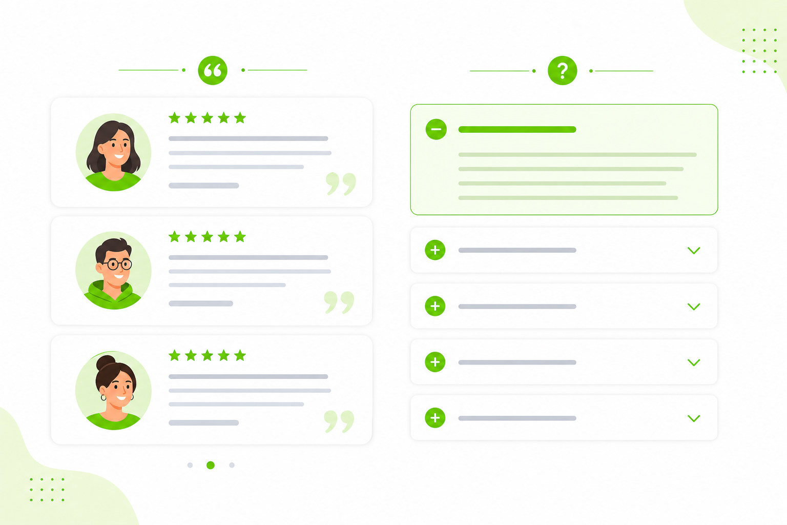 Testimonials and FAQ sections on a landing page — star-rated reviews and an expandable FAQ