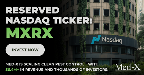 Nasdaq building with lush greenery growing all over it, with a headline overlayed: RESERVED NASDAQ TICKER: MXRX