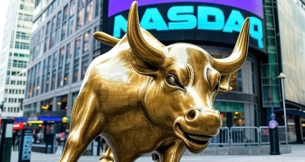 gold bull in front of NASDAQ building