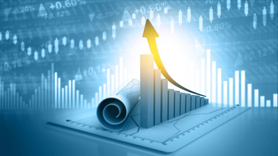 Graph atop chart, gold arrow going upward